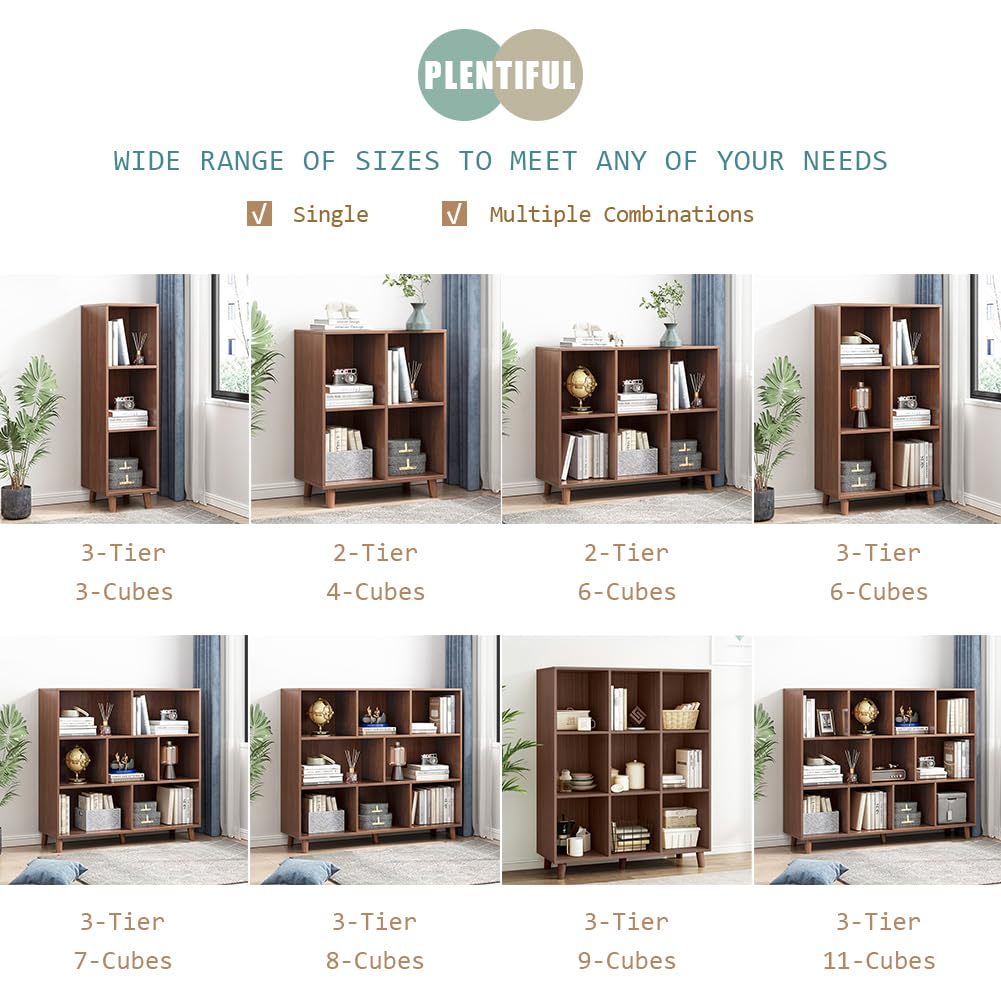 IOTXY Freestanding Open Cubes Bookcase - 2-Tier Floor Standing Wooden Storage Display Cabinet Organizer with Legs for Home Office, 4-Cubes Open Shelf Low Short Bookshelf, Walnut