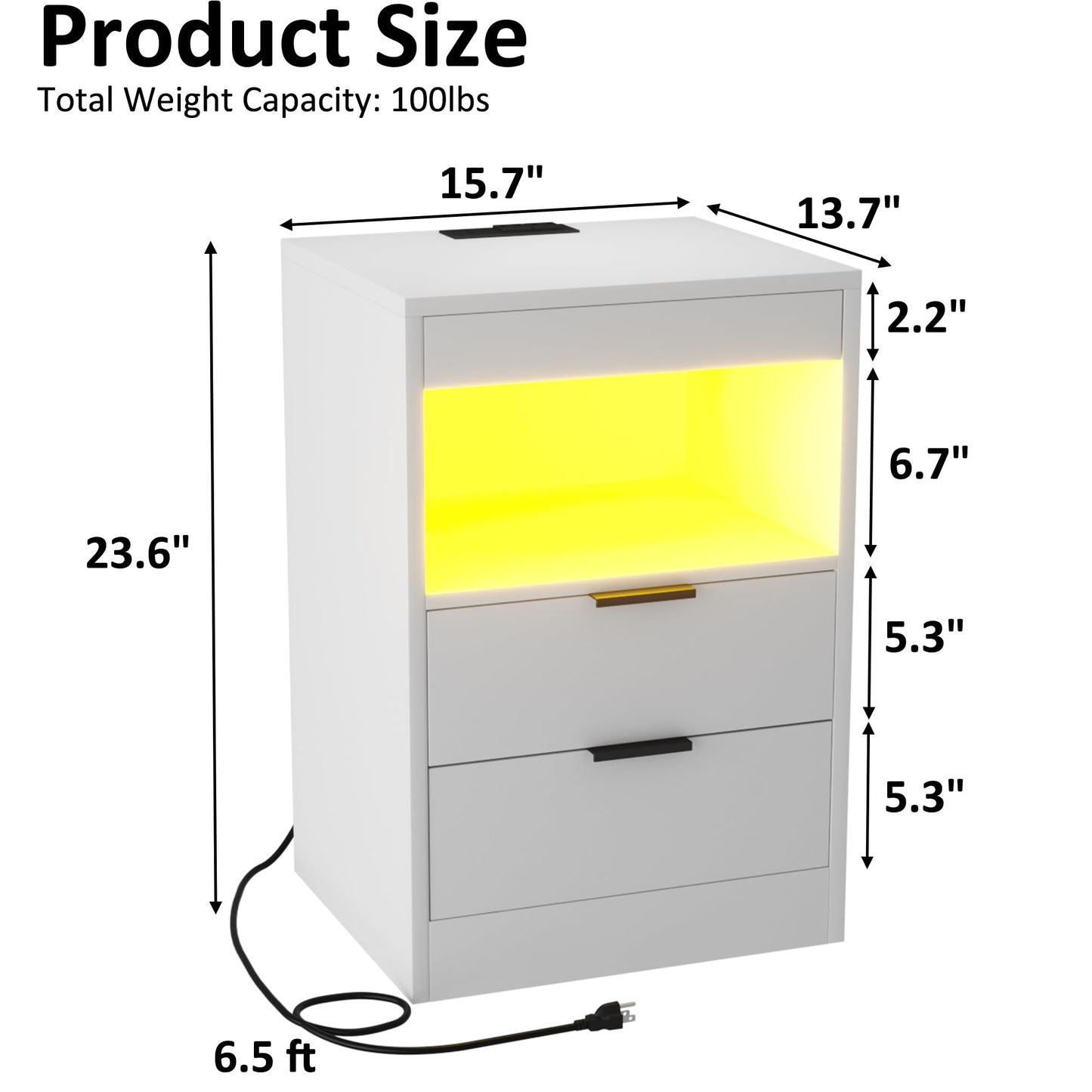 Gadroad LED Nightstand with Charging Station, Bedside Table with USB Ports & Power Outlets, Modern Night Stand with Drawers for Bedroom Small Spaces, White