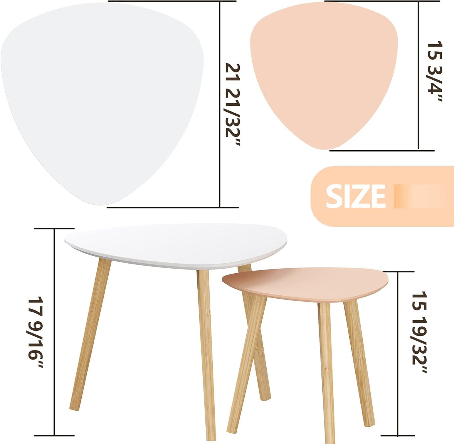 BAMEOS Bamboo Nesting Triangle End Table,Set of 2 SideTable Modern Minimalist Coffee Table for Living Room (White & Pink)