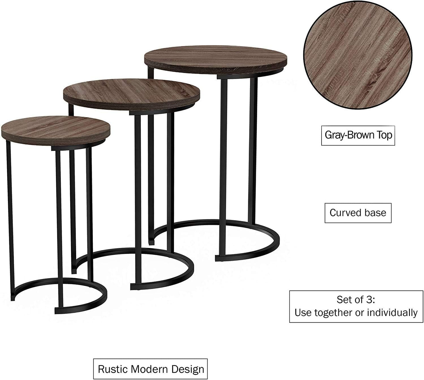 HYGRAD BUILT TO SURVIVE Set of 3 Round Wooden/Steel Nesting Side Stacking Sofa Side Coffee Tables, Small Space Coffee Tea Table for Hallway Living Room Bedroom, Home, Office (Brown/Black)