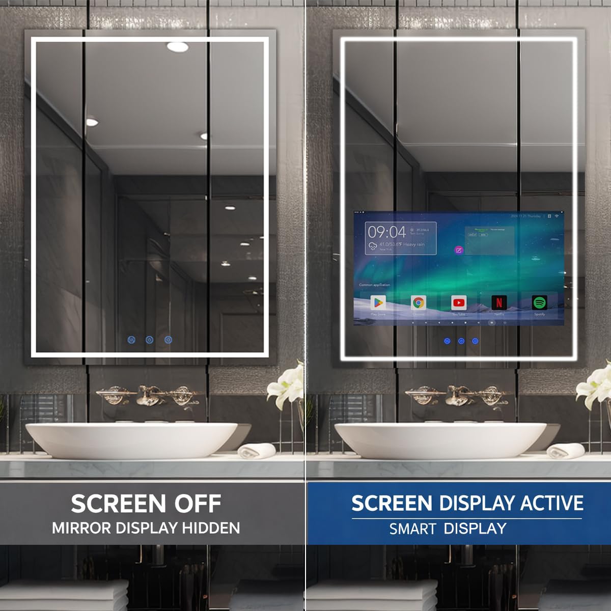 Haocrown 24x32 Inch LED Smart Bathroom Mirror with 21.5" Hidden Touchscreen, Android System, 3Colors Stepless Adjusted, Built-in Speakers, Clock & Weather, Anti-Fog, WiFi Bluetooth HDMI, Wall Mounted