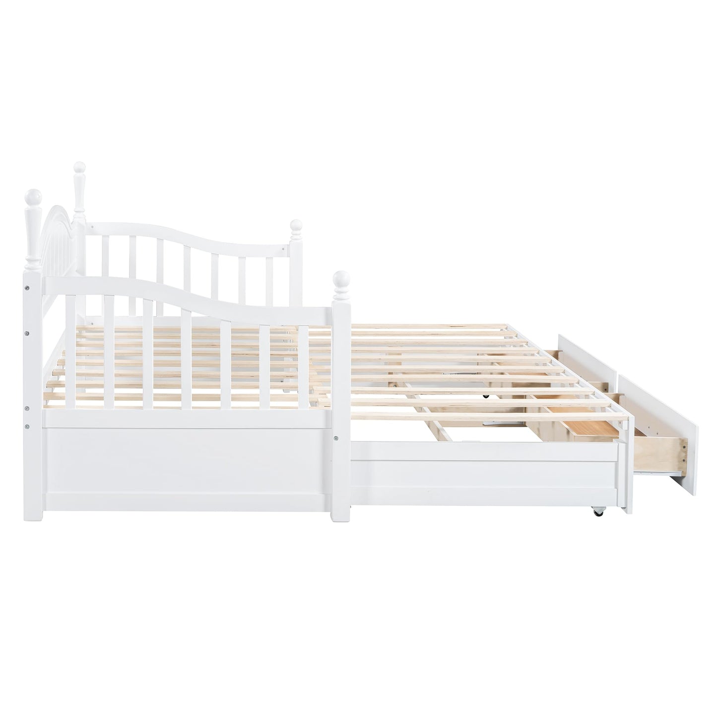 YSWH Twin Size Extendable Daybed, Wood Day Bed Frame with 2 Storage Drawers and Twin Size Trundle, Multifunctional Extendable Bed for Kids Adults, Bedroom Furniture Storage Platform Bed (White)