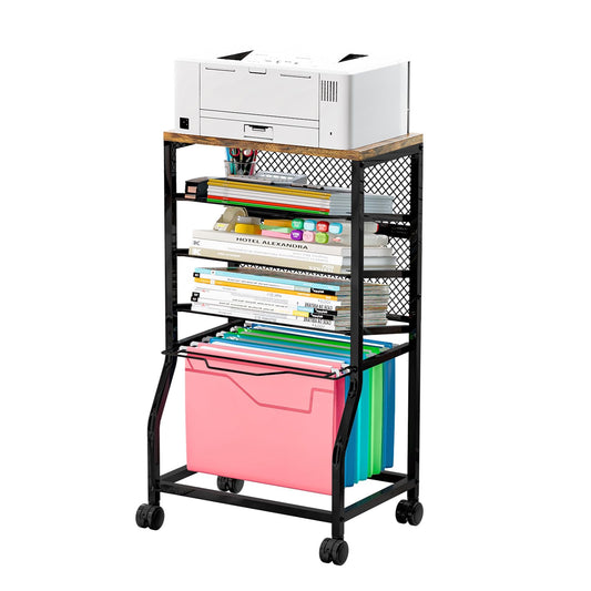 INGIORDAR 5-Tier Rolling File Cart, Under Desk Storage Organizer with Lockable Wheels & Mesh Sliding Trays, Multi-Functional Mobile Utility Cart for Office, Home, School, Black