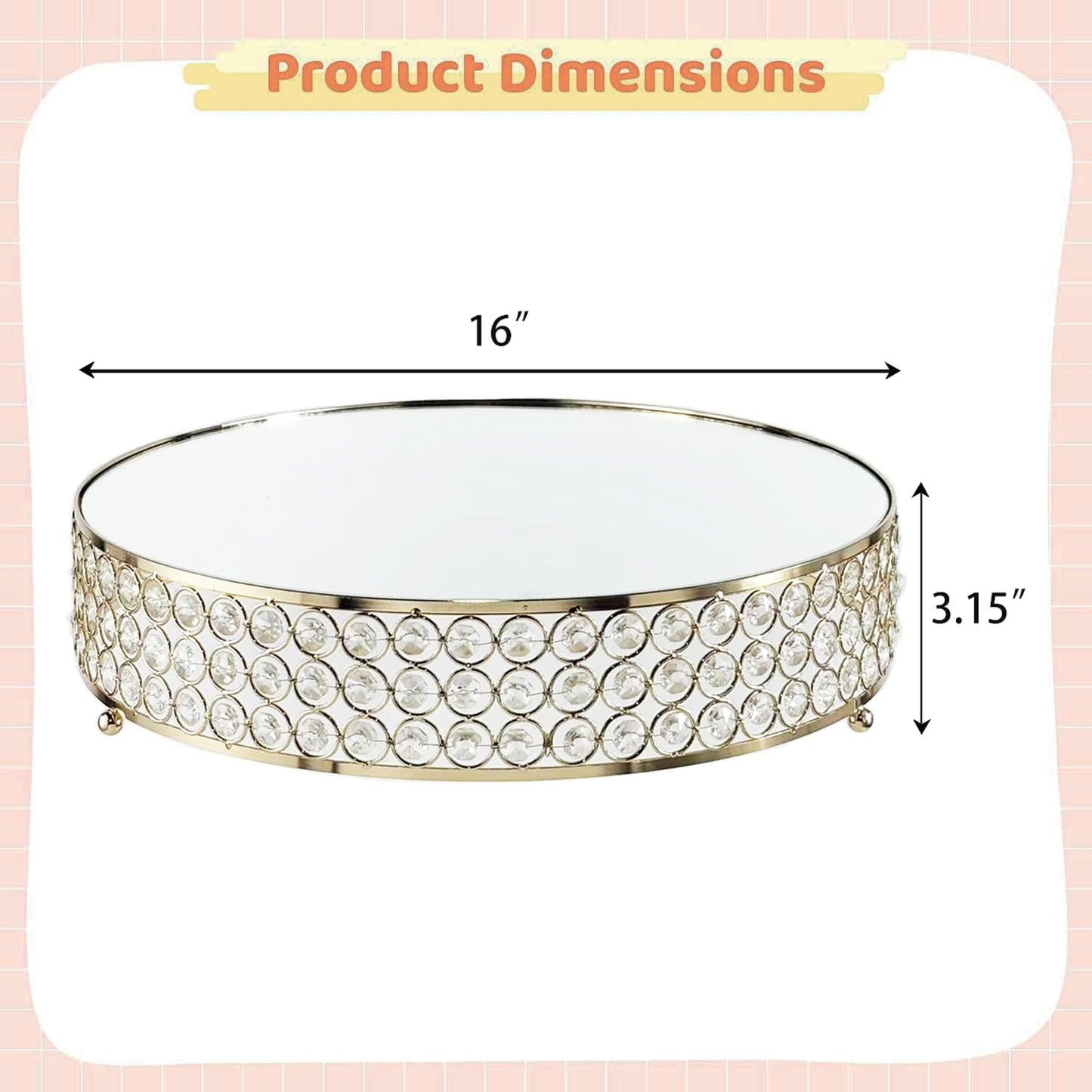 FEICTPOX Metal Cake Stand with Mirror Top Plate Beaded Crystal Display Cake Pedestal,Baking Party Supplies Centerpiece,Gold 16 Inch