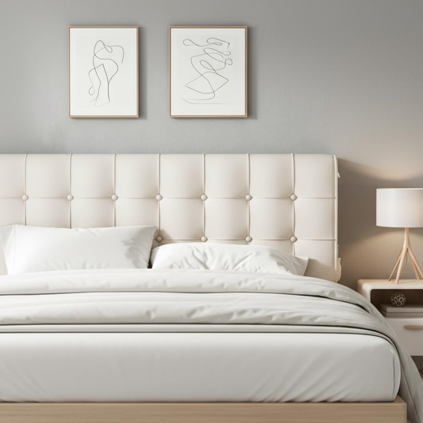 Upholstered Wall Mounted Headboard Full Size with Removable Beige Cushion Peel and Stick Headboard Cover Soft Padded Backrest for Dorm Bed Frame Bedroom Decor Washable Adhesive Head Board (Full,Beige)