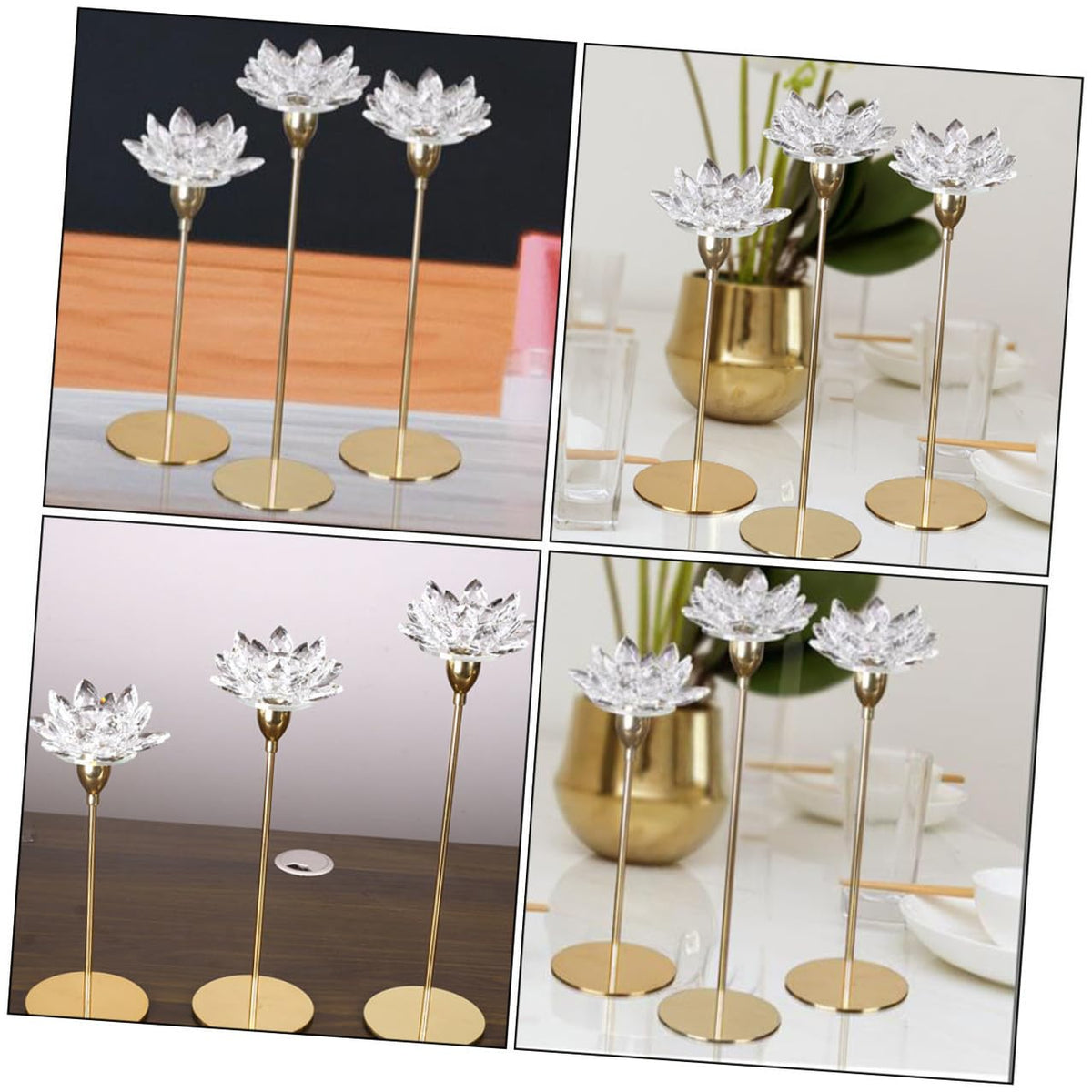 HOMSFOU Crystal Lotus Metal Candlestick Holder Small Gold Tapered Candle Stand for Dining Room Wedding Candlelight Dinner Decor