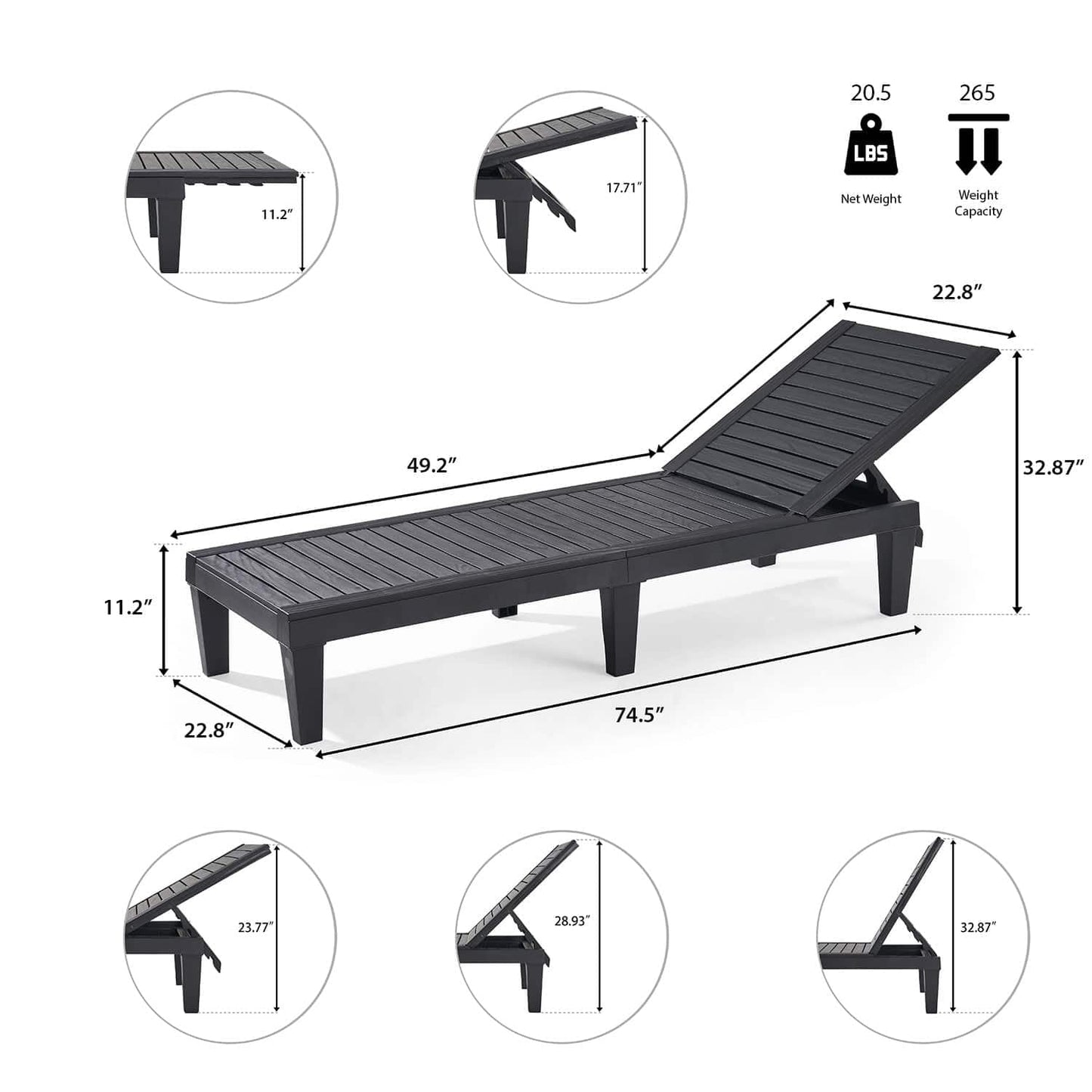 Nestl Patio Chairs - Black Chaise Lounge Chair Outdoor, 5-Position Adjustable Sun Tanning Chair, Waterproof Pool Lounge Chairs, Reclining Lawn Chair, Lightweight Outdoor Lounge Chairs