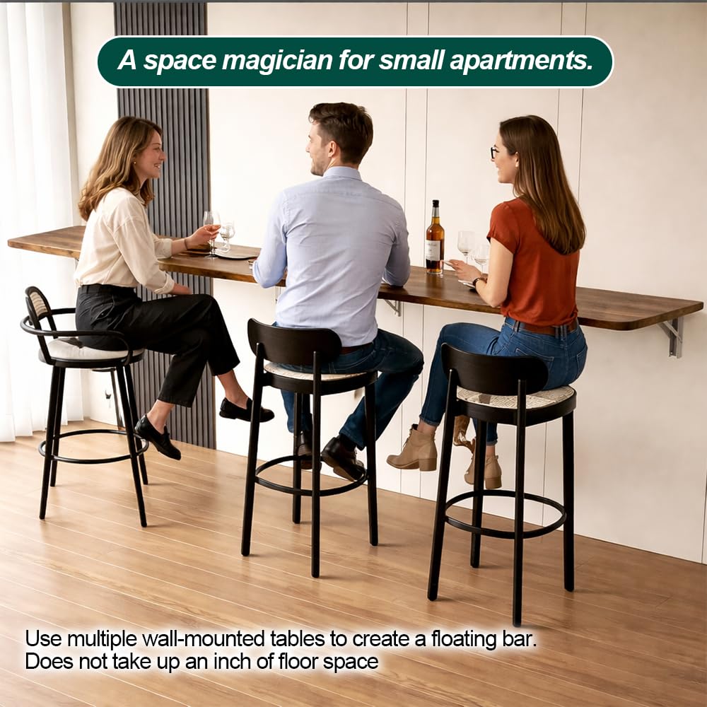 CYGJSYEA Rustic Wall Mounted Folding Table, Solid Wood Floating Desk with Stainless Steel Brackets, Space Saving Shelf for Home Office, Kitchen, Dining, Laundry Room (60X40cm / 23.63"X15.75")