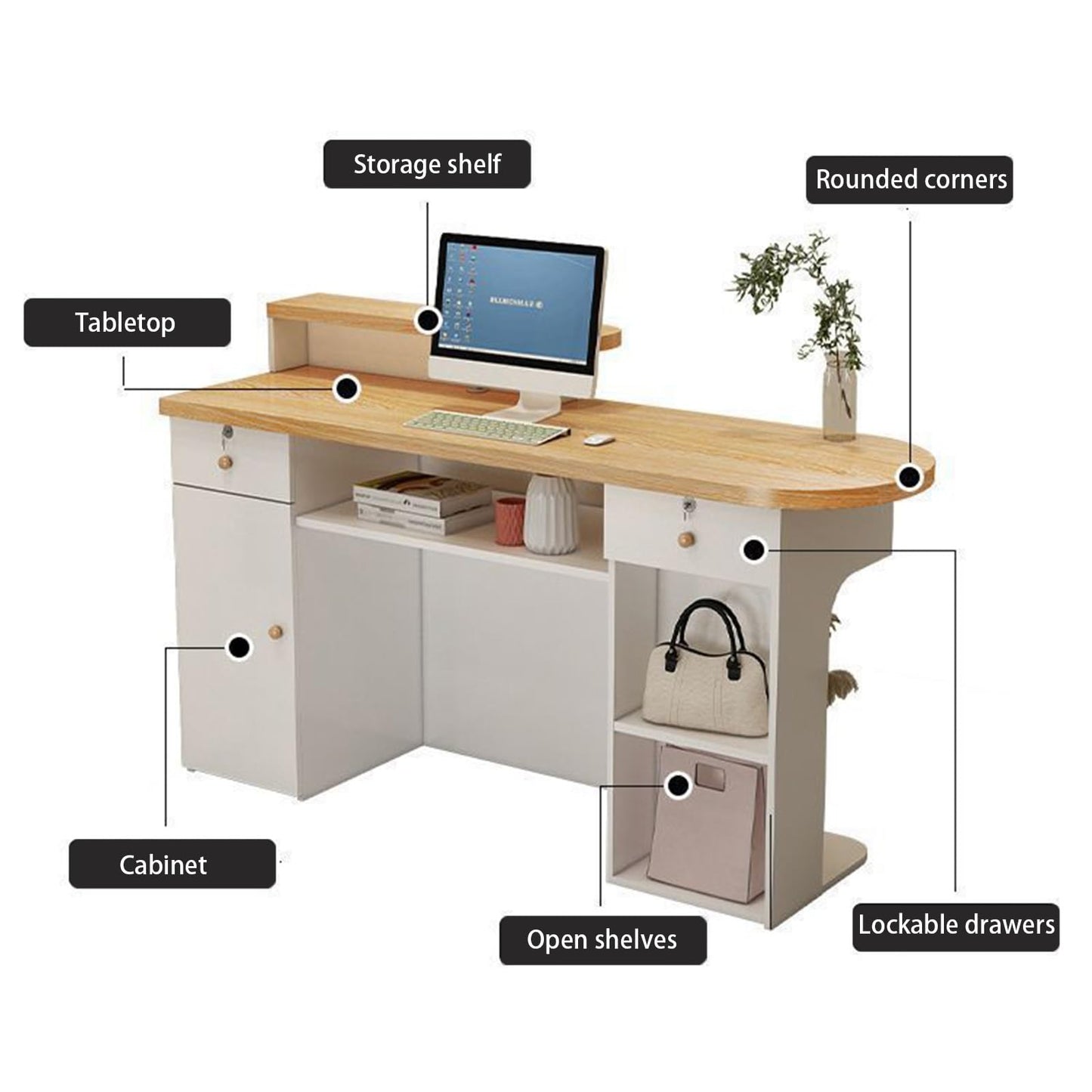 JQslycdmv Reception Desk, Lockable Drawers & Keyboard Tray, Display Cabinet with Lighting, for Checkout, Barber, Beauty Salon, Home Office(White – Left,80cm)