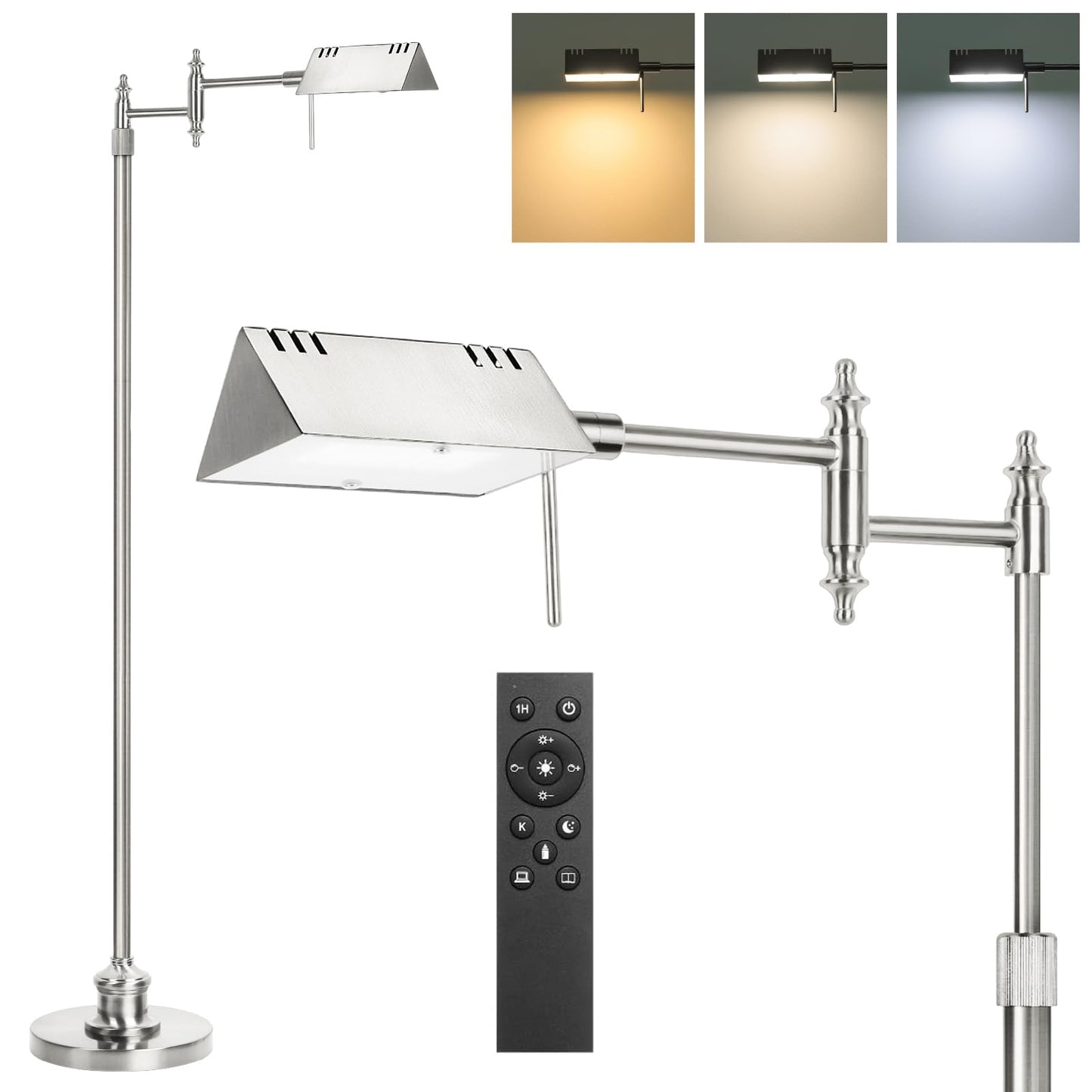 Dimmable Pharmacy Floor Lamp with Remote, 17W LED Reading Floor Lamp with 360°Swing Arm, 3 Color Temperature, Height Adjustable Silver Standing Task Lamp for Living Room, Bedroom, Brushed Nickel