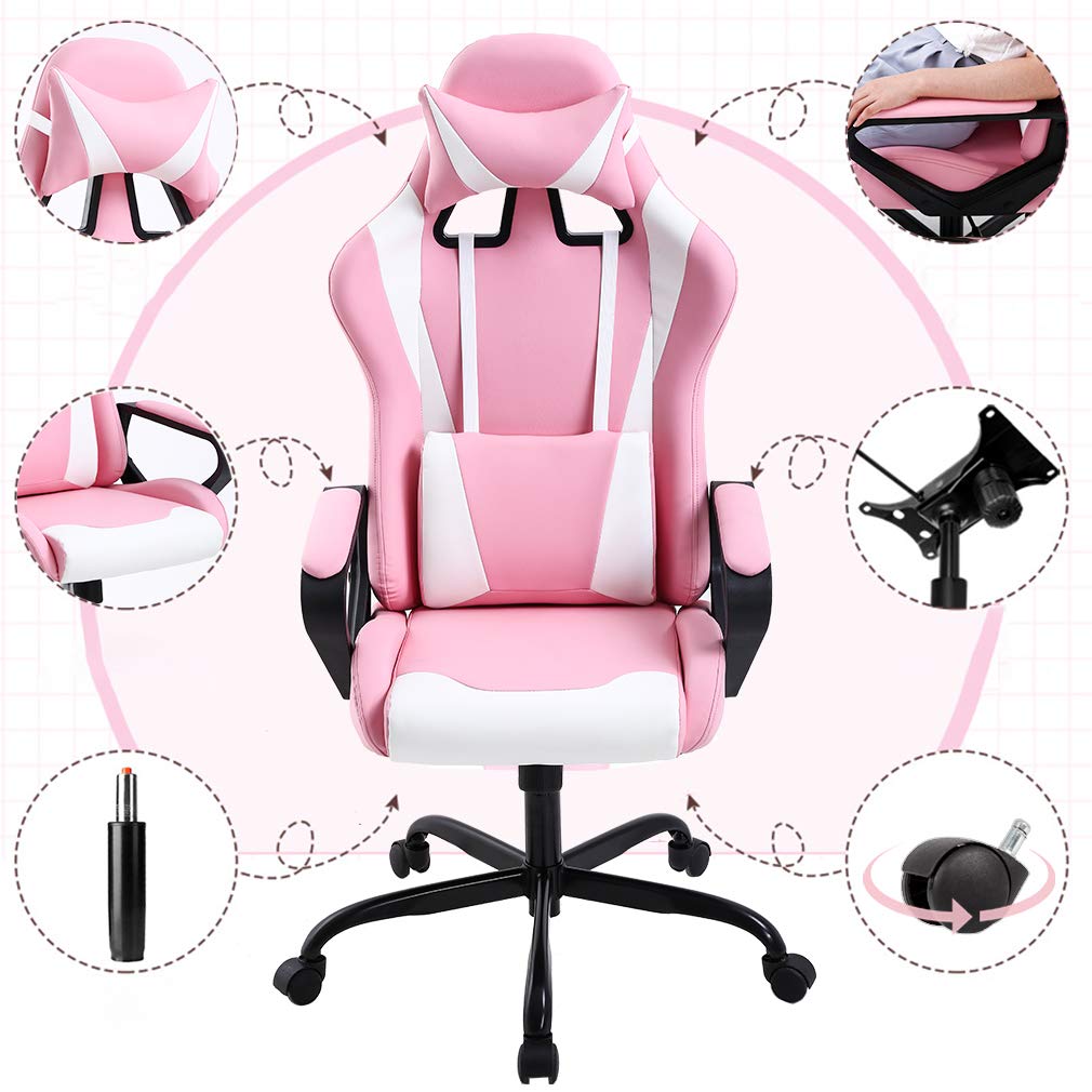 Ergonomic High-Back PU Leather Executive Office Gaming Chair with Massage Function, Adjustable Reclining Design, Lumbar Support, Headrest Pillow, Armrests Modern Racing Style Desk Chair (Pink)