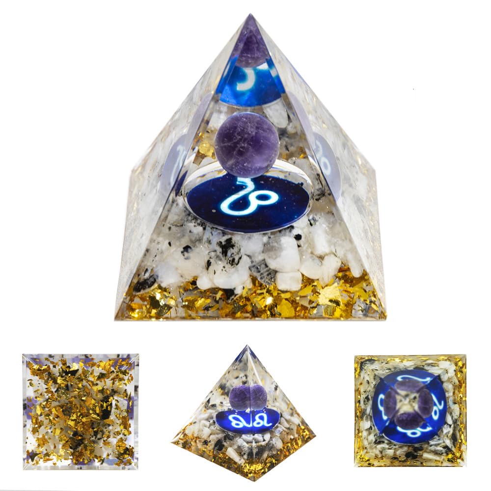 12 Zodiac Orgone Crystal Pyramid, Natural Amethyst Crystal Ball for Leo Zodiac, 2" Orgone Healing Pyramid for Positive Energy Stress Reduce Healing Meditation Attract Wealth Lucky