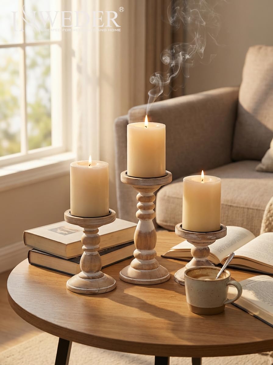 Inweder Wood Pillar Candle Holder: 3Pcs Rustic White Candle Holders for Pillar Candles Wood Candle Holders Distressed Wooden Farmhouse Candle Holder Large Rustic Candle Holder for Fireplace Table