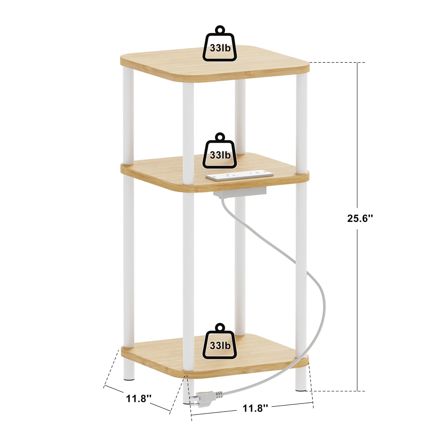 SANLUCE Bamboo End Table with Charging Station, Side Table for Small Space, Small Table Stand, Narrow Wooden Bedside Table Nightstand with Shelves, for Nursery, Living Room, Bedroom, Natural and White
