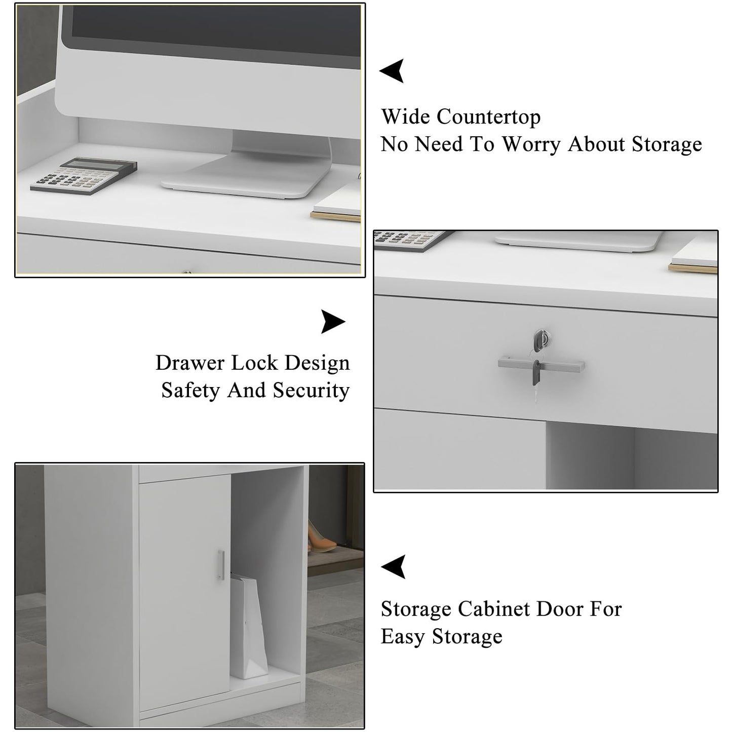 Reception Desk for Spaces with Lockable Drawer, Compact Office Counter Desk Counter Modern Front Lockable Drawers,Modern Reception Desk with Lockable Drawer and Storage Cabinet Corner Cashie