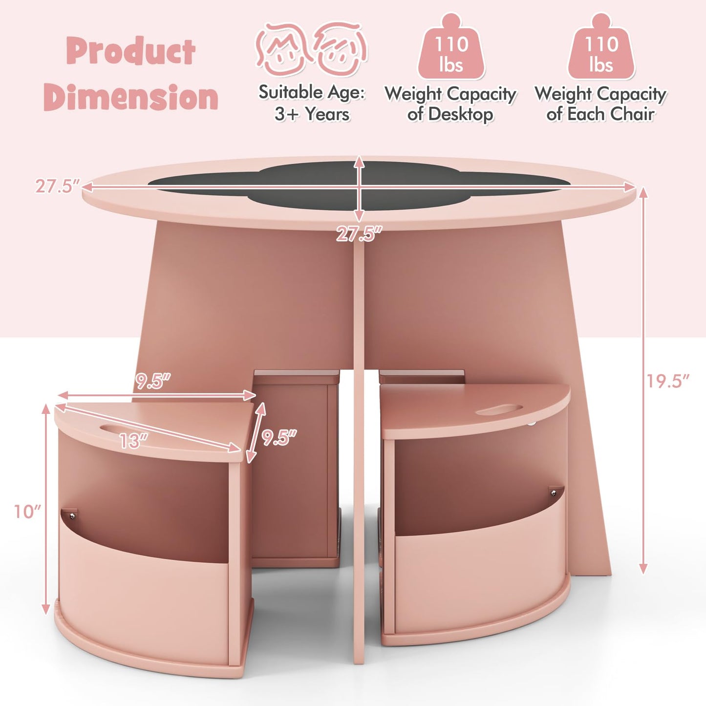 INFANS Toddler Table and Chair Set with 4 Storage Stools, Wooden Flower Shaped Nesting Table with Blackboard Drawers, Children Multi-Activity Table for Art Crafts Draw Read Boys Girls 3+