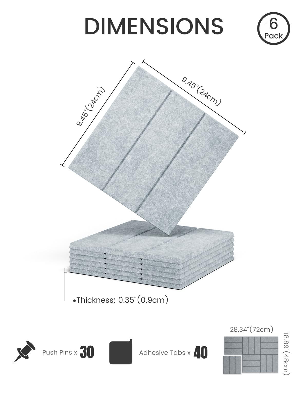 Felt Bulletin Board Tiles -28"x18" with 40 Adhesive Tabs, Cork Board Alternative for Office Decor, Push Pin Board Wall Organizer 6-Pack (Blue Gray)
