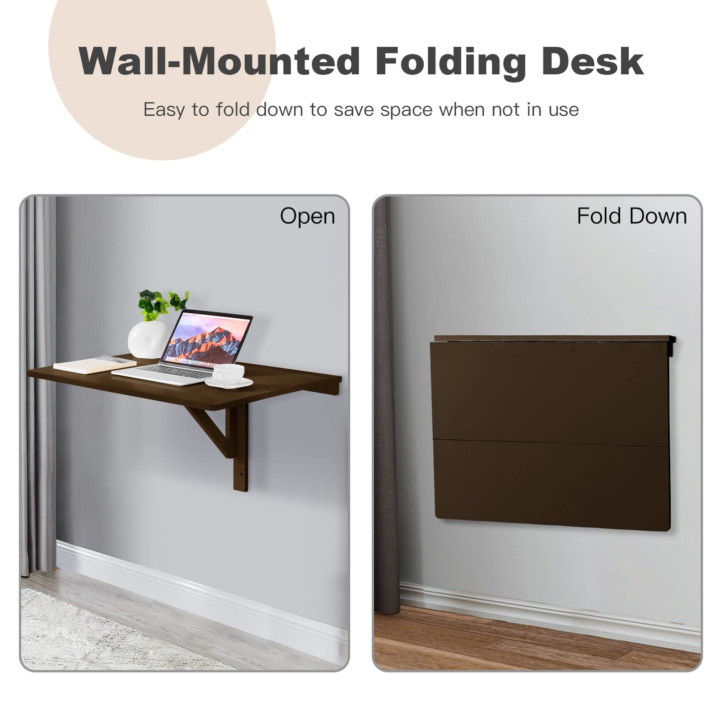 COSTWAY Wall Mounted Folding Table, 31.5" x 23.5" Drop-Leaf Floating Writing Desk for Small Spaces, Space-Saving Fold Down Laptop Workstation for Kitchen, Bedroom, Laundry Room, Study Room (Brown)