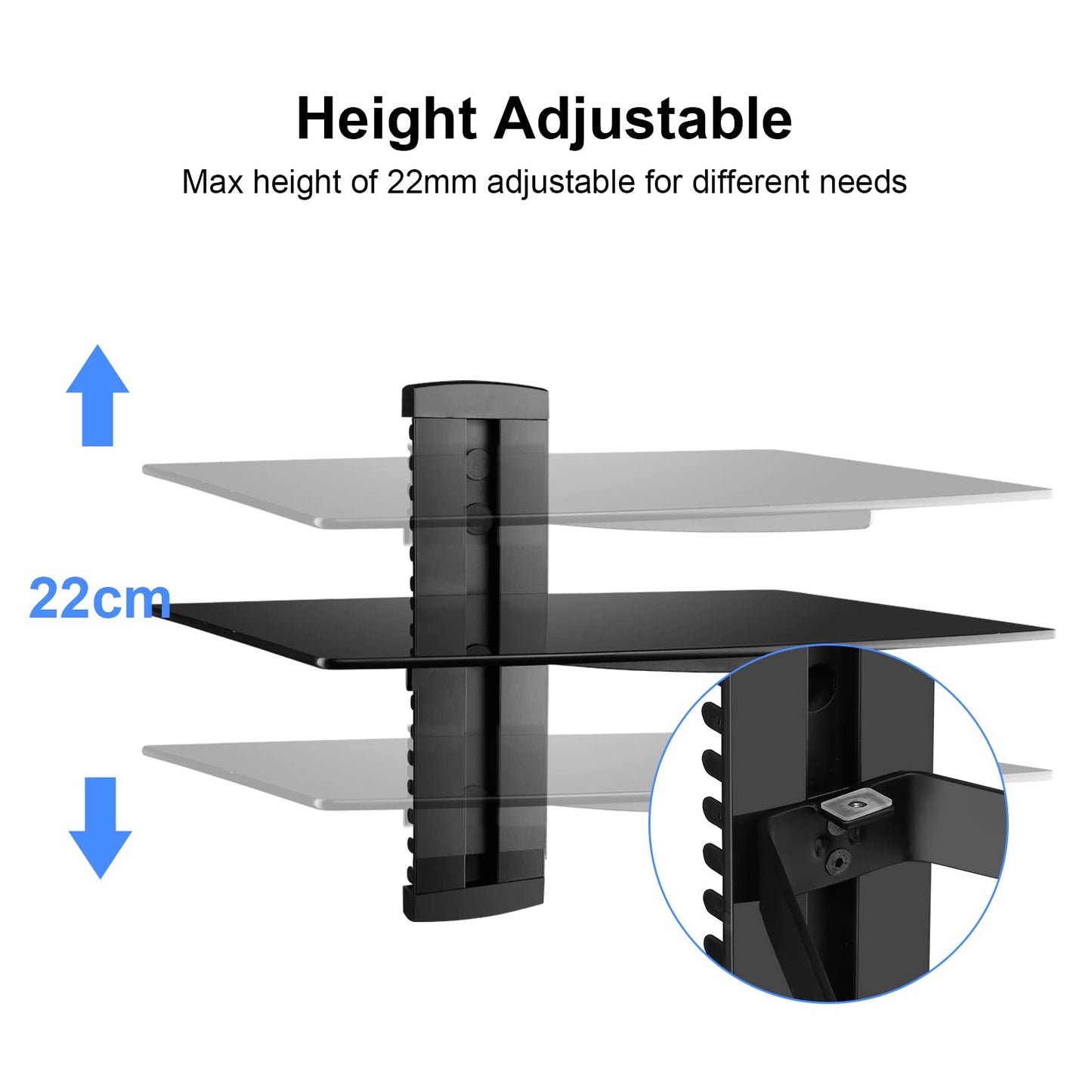 suptek Glass Floating Shelf, 1 Tier Media Shelf for TV Accessories, Flat Black Wall Mount Bracket, 17.6lbs Weight Capacity, Quick Installation, Cable Management, Custom Style, Backless