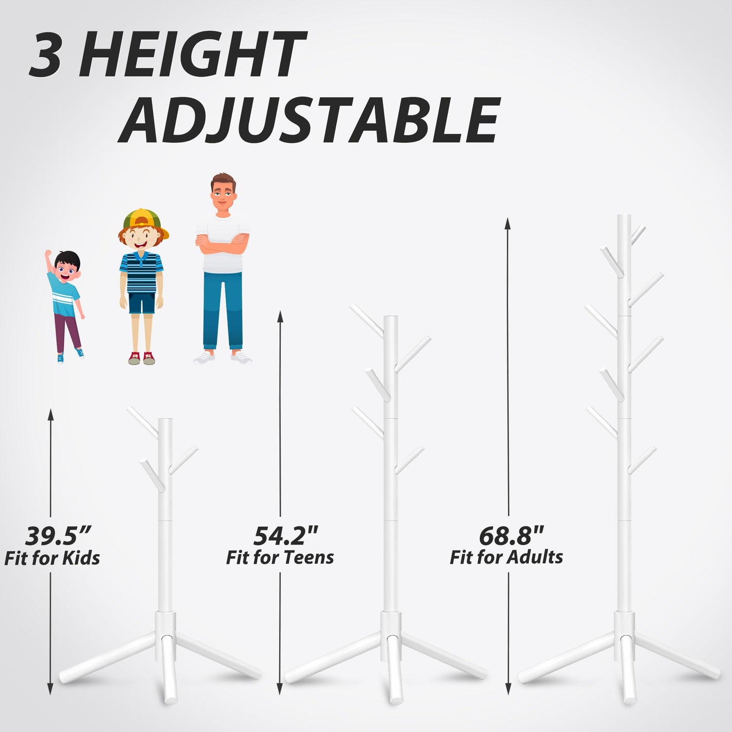 Unisakey Durable Wooden Coat Rack, Freestanding Coat Rack with Stable Triangular Base, 8 Hooks & 3 Adjustable Heights, Simple Assembly for Bedroom, Hallway, Office(New White)