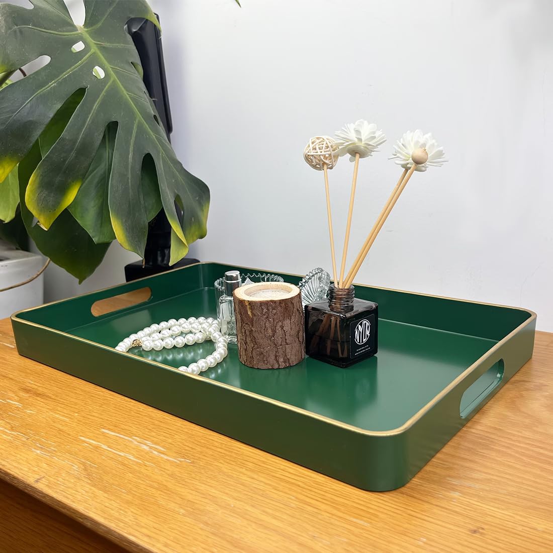 UOEKCS Rectangular Decorative Tray, Plastic Serving Trays with Handles, Coffee Table Tray for Ottoman, Living Room, Kitchen, Home Decor 15.7” x 10.2” x1.37”(Green)