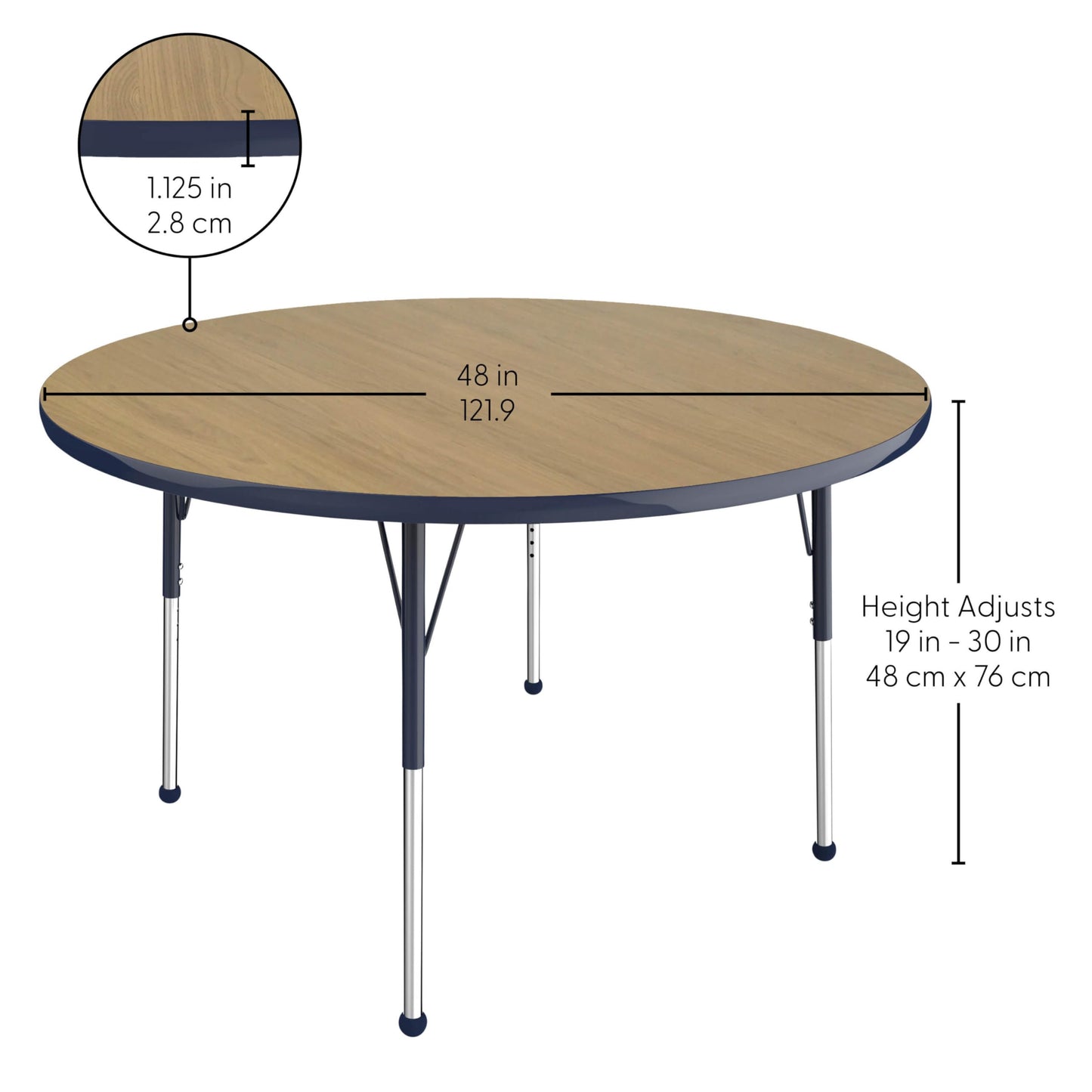 Factory Direct Partners FDP 48" Round Thermofused Classroom Activity Table with Standard Ball Glide Legs, Adjustable Height 19"-30" - Pasadena Oak/Navy - 10138-OPNV