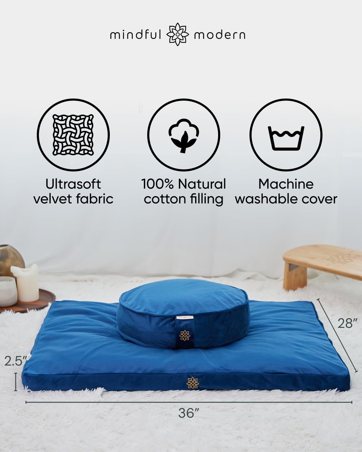 Mindful Modern Velvet Zabuton Meditation Mat - Luxurious Meditation Cushion Pillow with 100% Cotton Filling - Enjoy Better Posture and Greater Comfort for Zafu or Bench (Royal Navy)