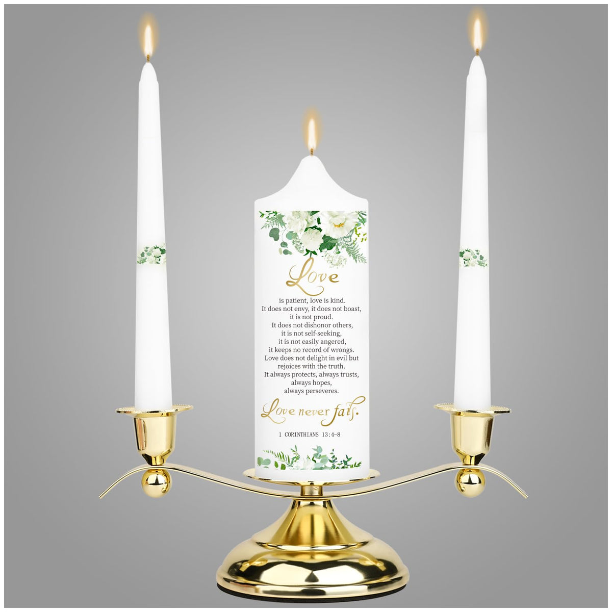 3 Unity Floral Candles for Wedding Ceremony Set with Golden Holder, Wedding Accessories for Reception