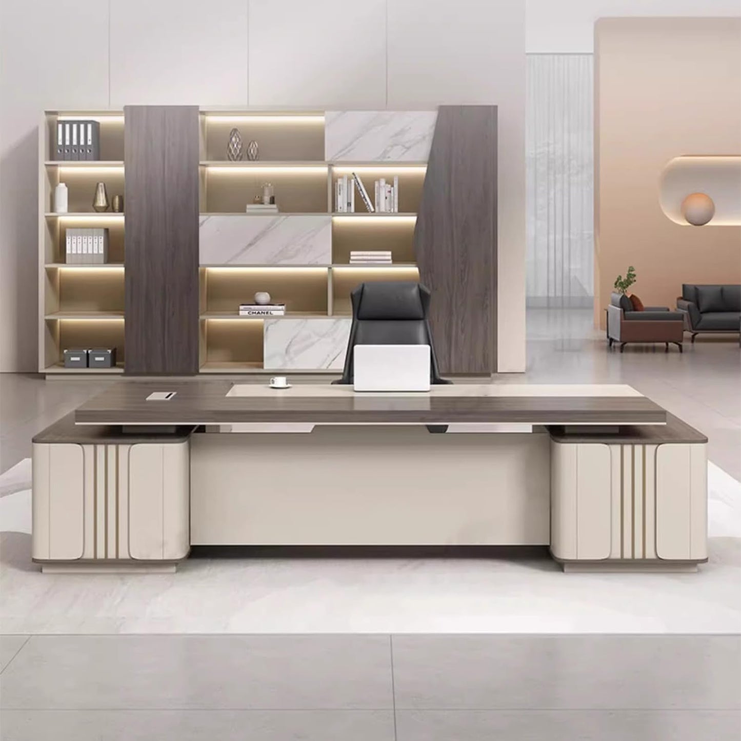 LSIGHTUS Modern Executive Desk with Storage Cabinet for CEO Boss Manager, Large Sturdy Writing Table Computer Desk with File Drawers Business Furniture Desk Workstation for Home Office