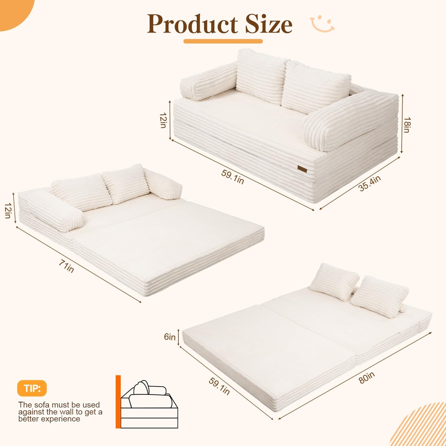 MeMoreCool Convertible Sofa Bed, Folding Floor Couch Bed Queen, Pull Out Sleeper Couch with Pillows, Fold Out Futon Sofa for Bedroom Living Room Small Space, Corduroy Beige
