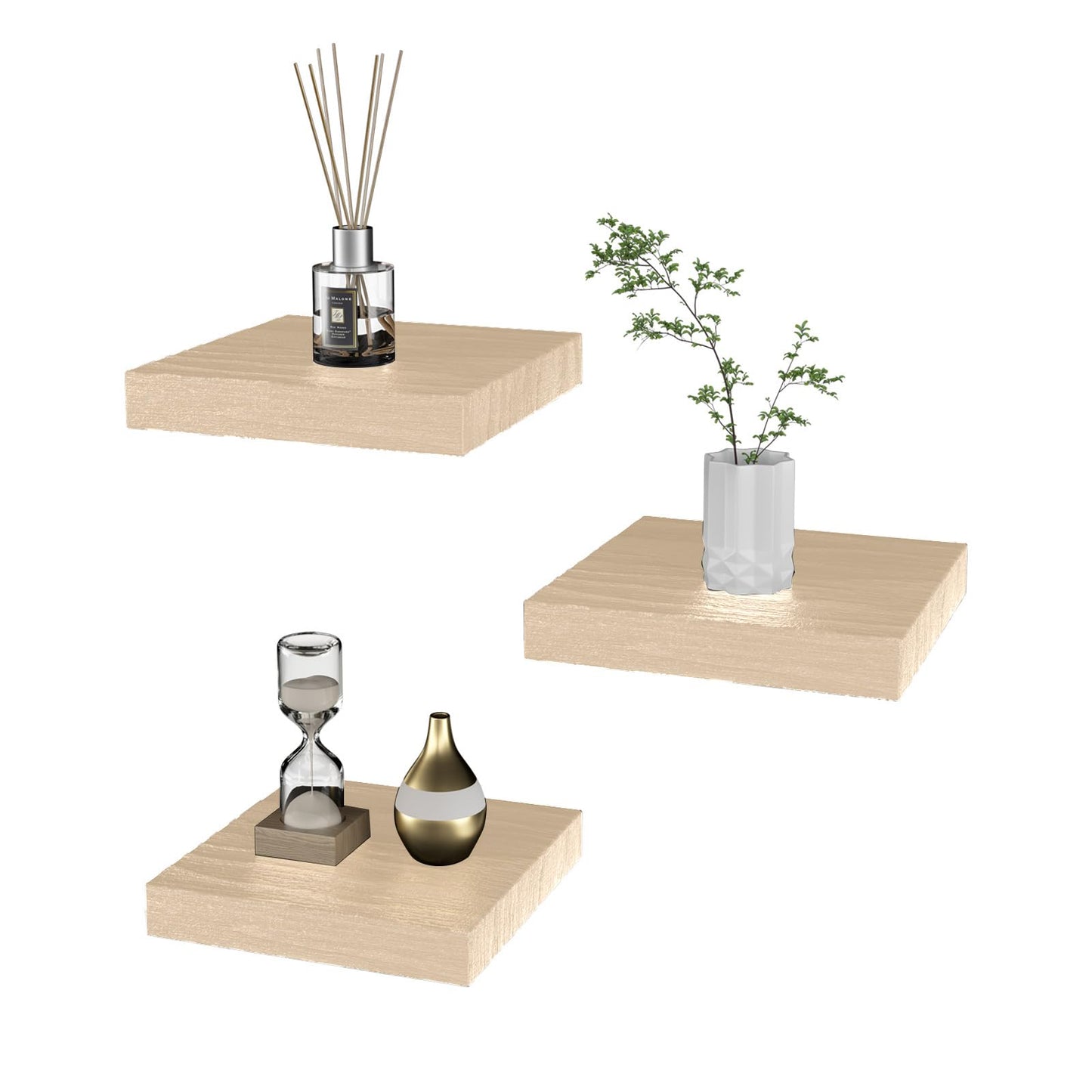PopiShelves Small Floating Shelves for Wall - 6 Inch Mini Square Natural Wood Shelves for Bedroom, Living Room, Bathroom, Kitchen, Office Decor Set of 3