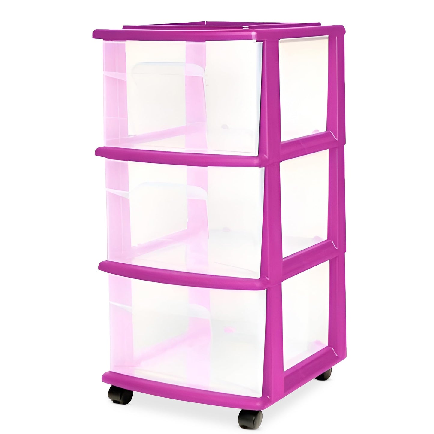 HOMZ Drawer Tower, 3-Tier Clear Plastic Storage Organizer Cart, Purple Frame - Rolling Drawer Containers with Wheels for Bathroom, Bedroom, Office, and Classroom Organization
