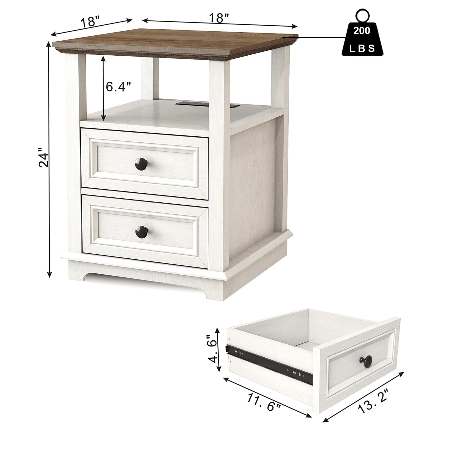REDAYFUR End Table with Fast USB C Charging Station, 18" Wide Tall Sofa Side Table with 2 Drawers, Large Storage Rustic Wood Square Storage Cabinet for Living Room,Bedroom,Office, White