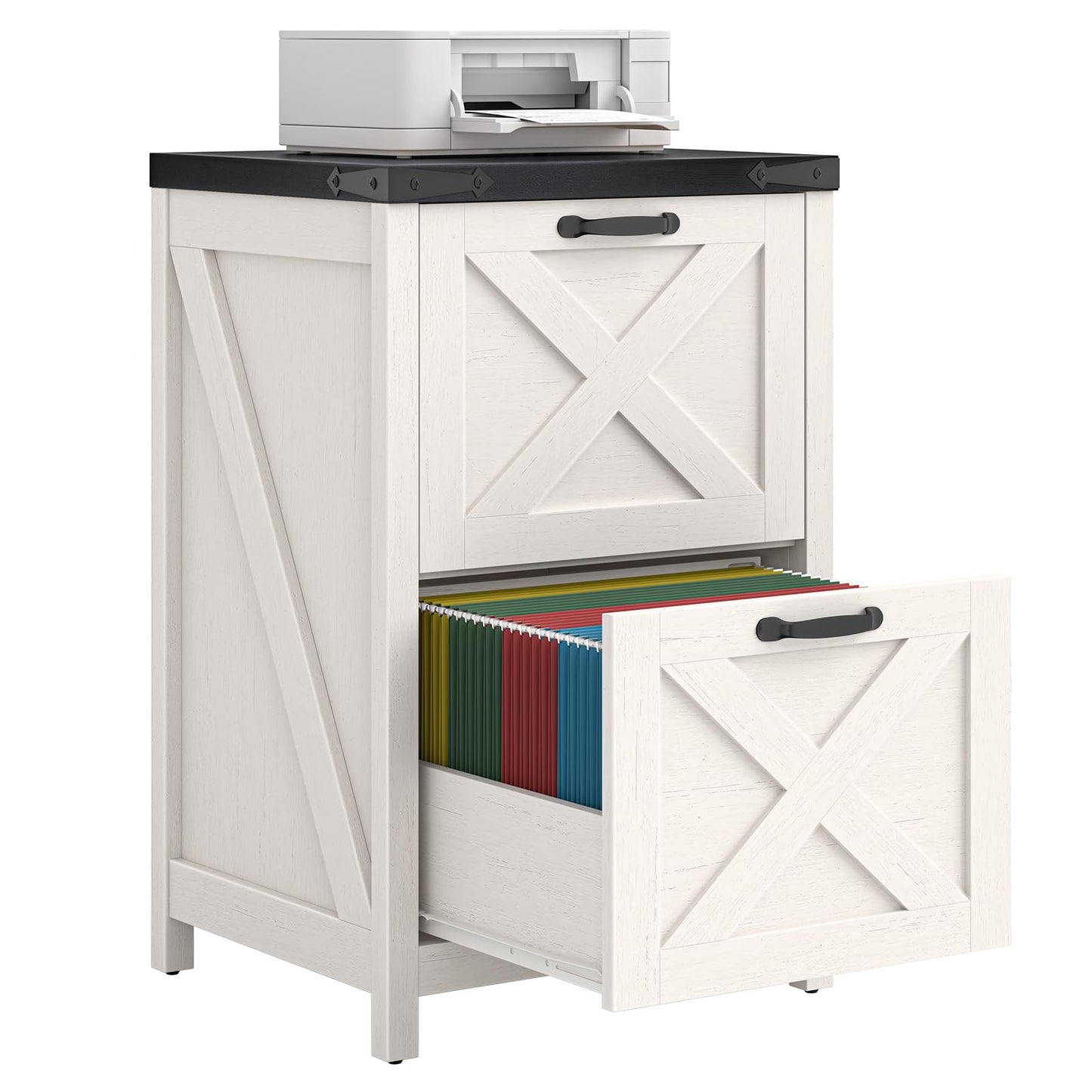 Halitaa 2 Drawer Small File Cabinet, Farmhouse Vertical Filing Cabinet Fits Letter and A4 Size, Under Desk Wooden File Cabinets for Home Office, Printer Stand, White and Black