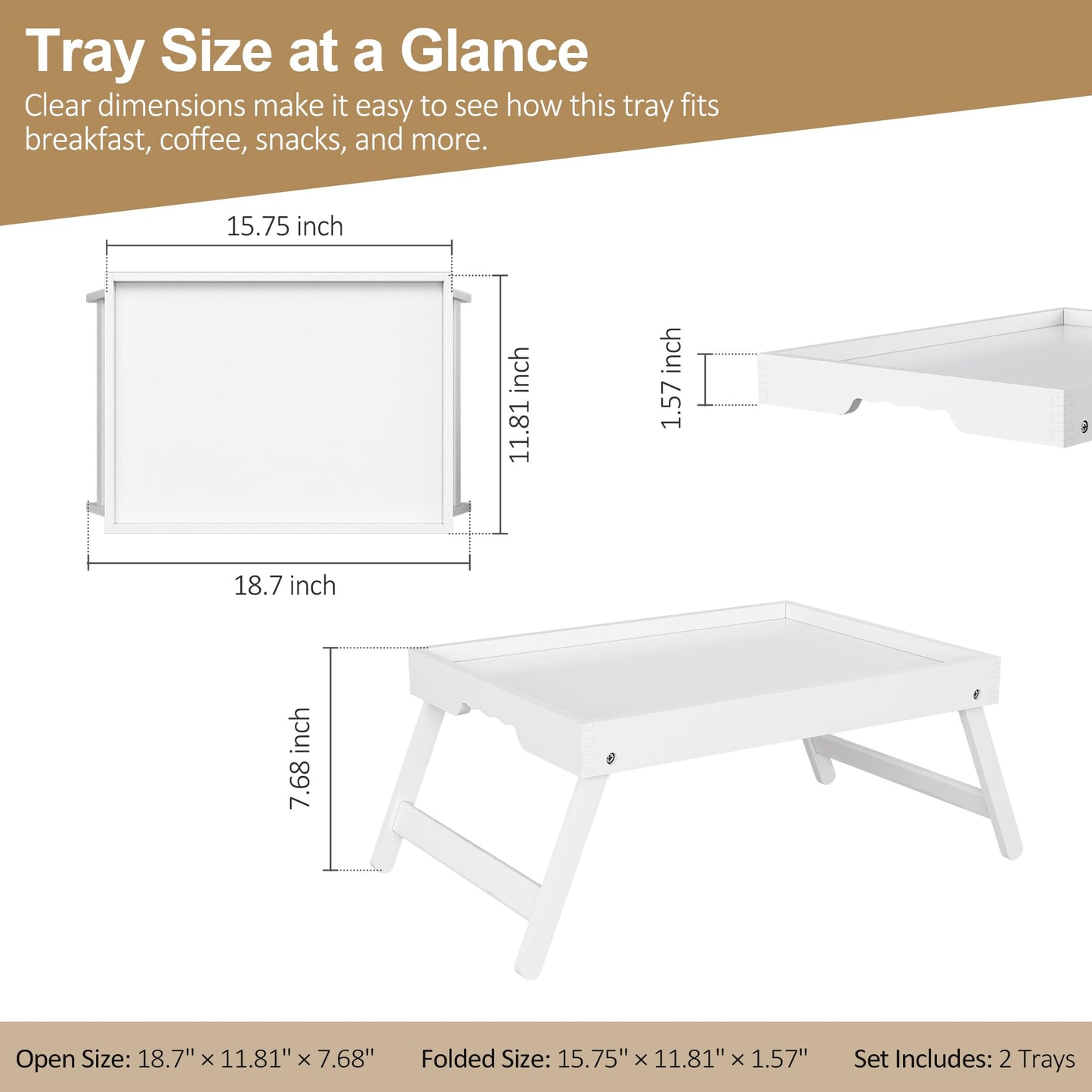 Breakfast Tray with Folding Legs Set of 2, Bamboo Bed Tray Table 15.7" Foldable TV Dinner Tray with Ergonomic Wave Handles for Bed Couch Sofa, Breakfast, Snacks, Coffee, White
