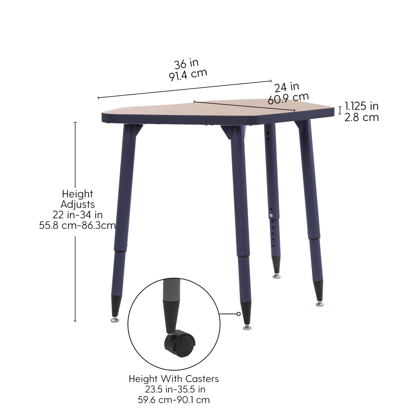 Adapte Commercial Classroom Activity Table - 24" x 36" Petal, ADA Compliant Tapered Legs with Glides & Casters, Adjustable Height 22-34" Wheelchair Accessible, School & Office Furniture