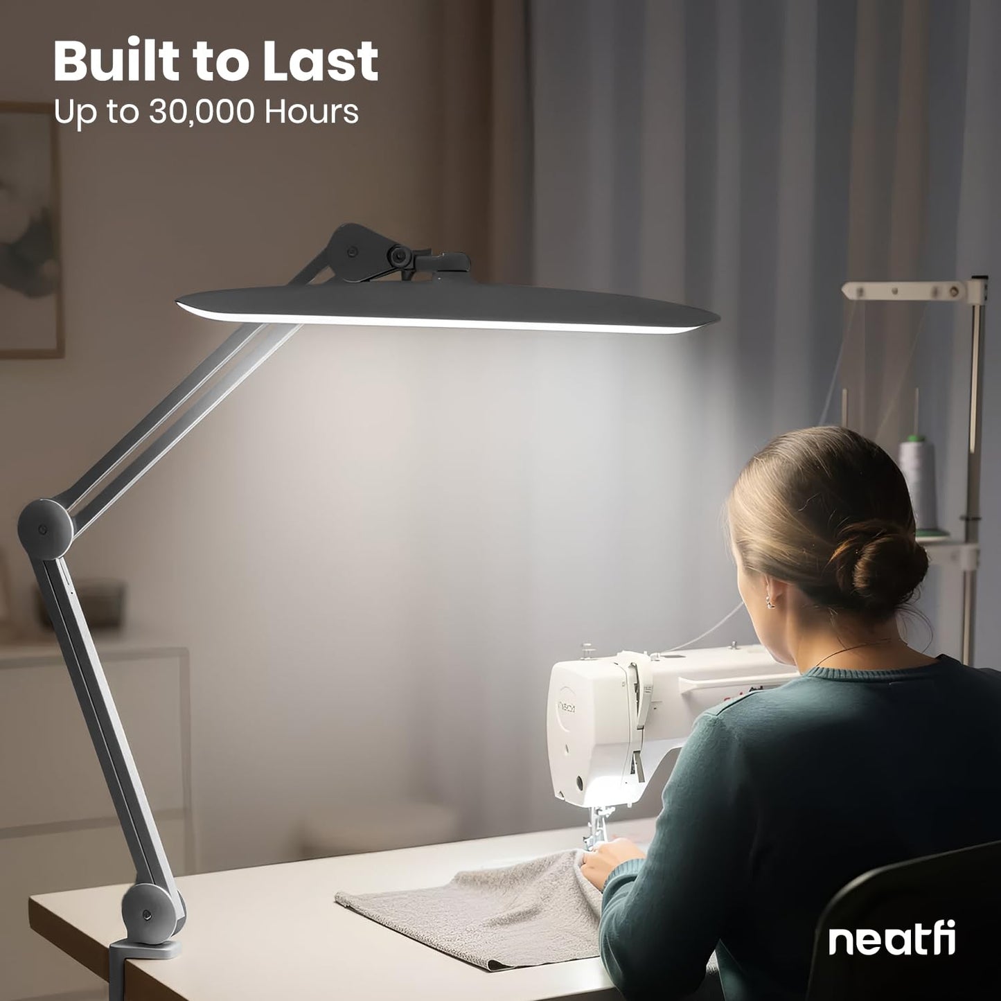 Neatfi XL 2200 Lumens 24W LED Desk Lamp – Shadow-Free Task Lighting | 4-Level Dimming | Home Office & Crafts Use | 20-Inch Wide Head (Silver, Non-CCT with Clamp)