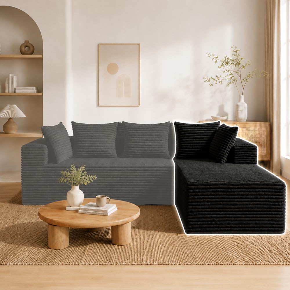 L-Shaped Sectional Sofa Corduroy Couch, All Sponge No Frame No Springs Sofa, Modern Modular Fabric Sofa with Pillows for Living Room Bedroom Apartment (Black（R） Right Chaise)