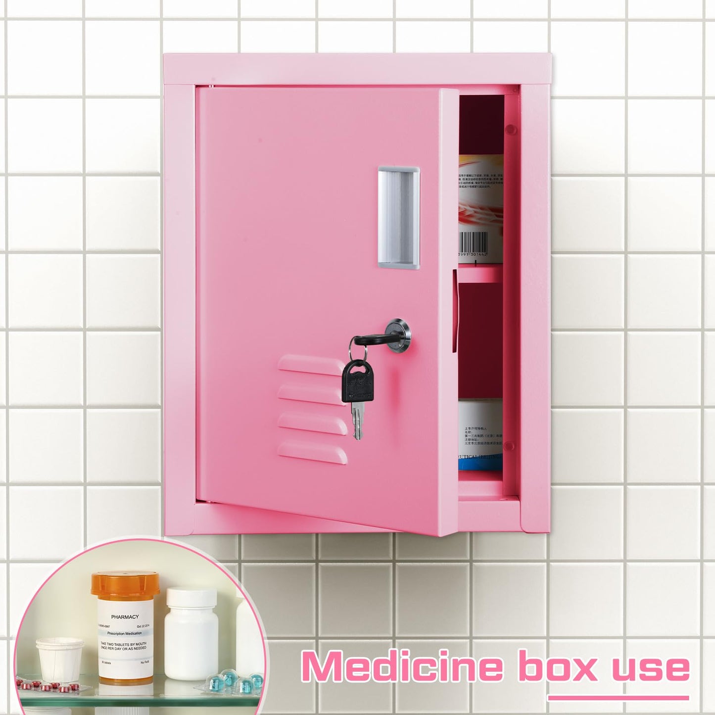 Suzile Lockable Storage Cabinet Metal Lockable Steel Storage Cabinet Organizer Lockers for Employees Vertical Metal Cabinets End Side Table Steel Bedside with Shelf (Pink)