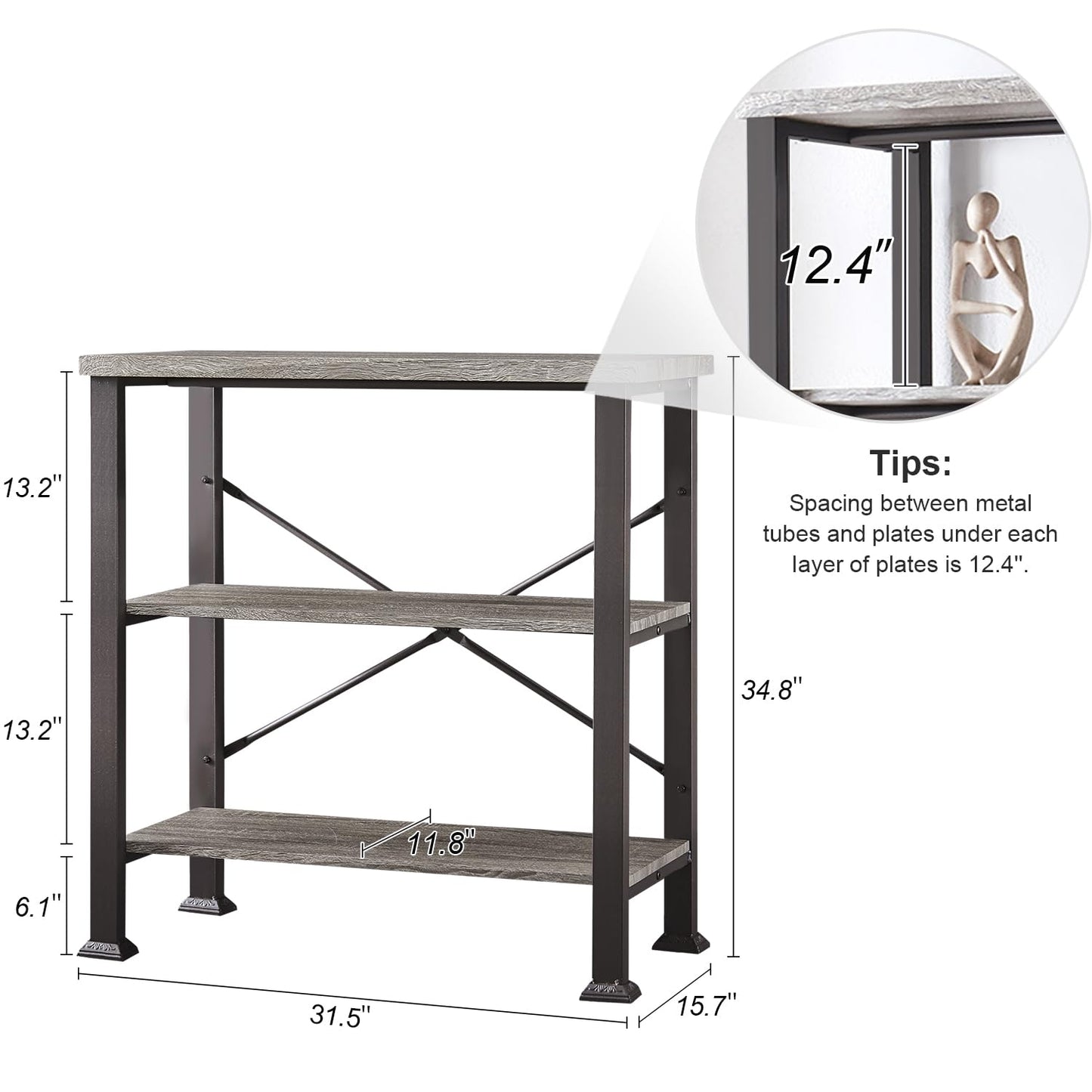 HOMBAZAAR 3 Tier Bookshelf,Grey Industrial Book Shelf,Engineered Wood and Metal Small Bookshelves,Low Shelf Bookcase for Living Room,Office,Bedroom and Kitchen