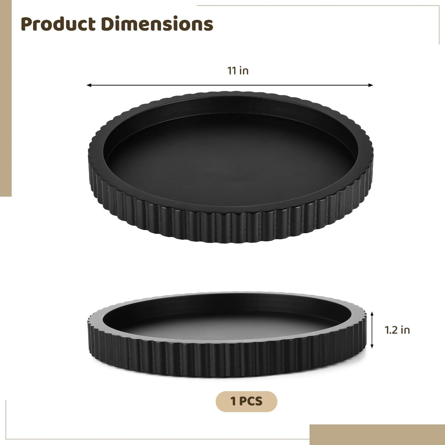 Coffee Table Tray, 11" Black Handcrafted Wood Serving Tray for Table Decor, Round Elegant Wavy Edge Decorative Serving Tray Office Desk Tray