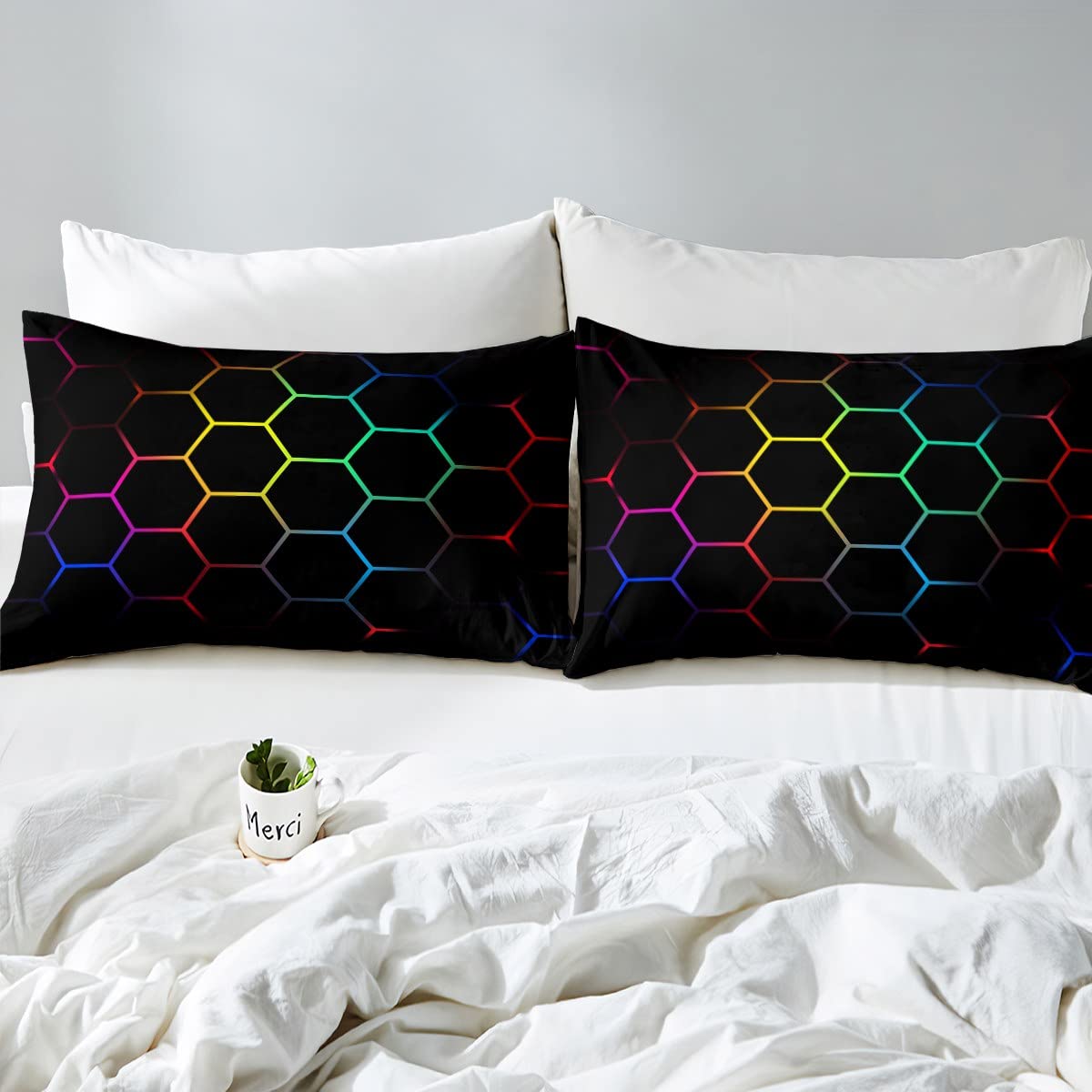 Hexagonal Bedding Sheets Geometric Honeycomb Bed Sheet Set for Kids Boys Girls Beehive Hexagon Bedding Fitted Sheet Yellow Red Green Black Blue Decor Bed Cover Bedroom Collection 3Pcs Queen Size