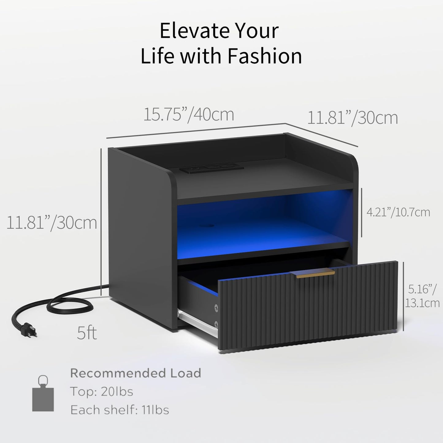 Veegle White Floating Nightstand with Charging Station and LED Lights (Black)