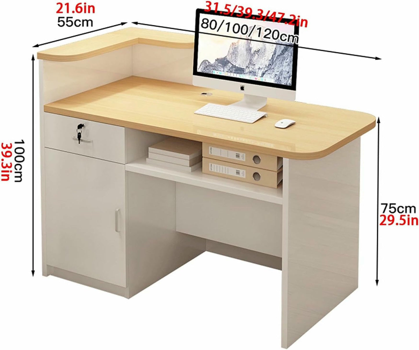 Reception Desk, Retail Checkout Counter, Front Desk Reception Counter, Wooden Checkout Office Desk with Lockable Drawer and LED Light, for Salon Reception Room Store Hotel(White+Beige L,100cm/3