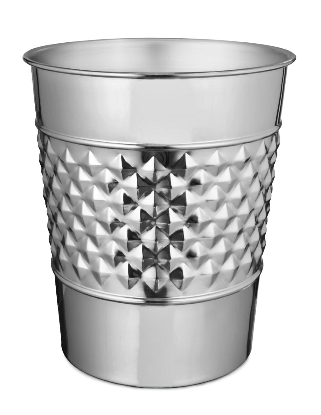 Monarch Abode Metal Bathroom Trash Can – Waste Basket for Bedroom, Office Desk, & Dorm, Handcrafted Geo Embossed, Durable Decorative Nickel Chrome Small Trash Can Bathroom Garbage Bin Wastebasket