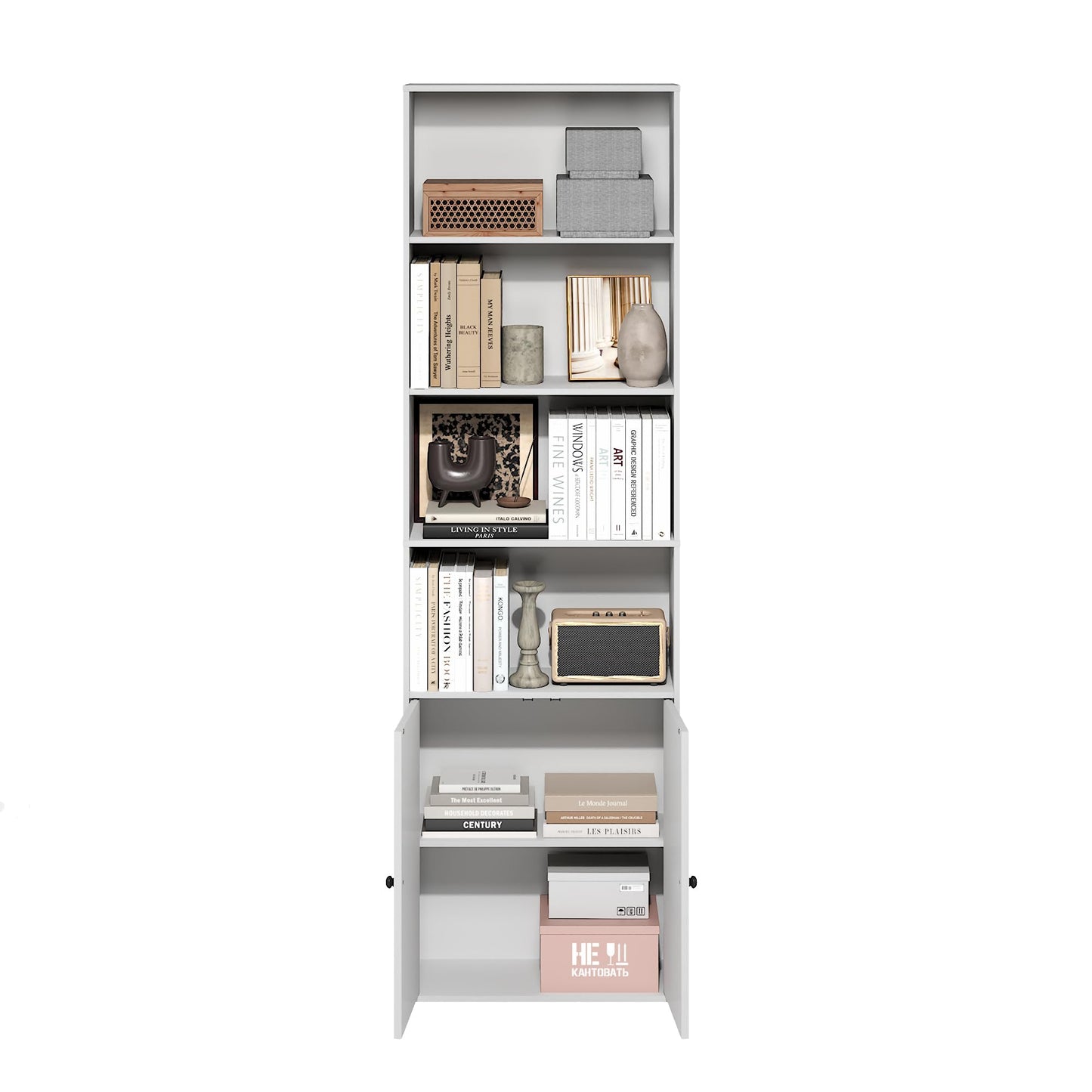 Furinno Jensen Book Shelf, 6-Tier Farmhouse Bookshelf, Display Bookcase with Doors, 9.2" x 21.6" x 71.2", for Organization and Storage, for Living Room, Bedroom, Home Office, White