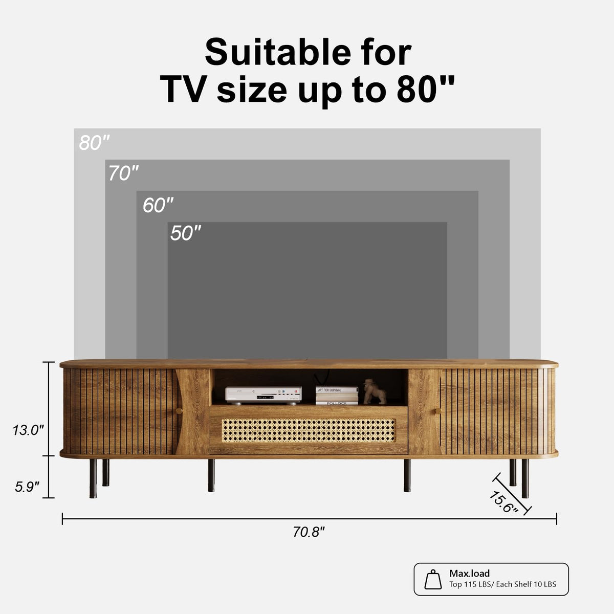 basenji Fully Assembled 71" Mid Century Modern TV Stand with Power Outlet and Sliding Doors, Rattan Entertainment Center with Storage, Wood Media Console,TV Consoles for Living Room,Walnut