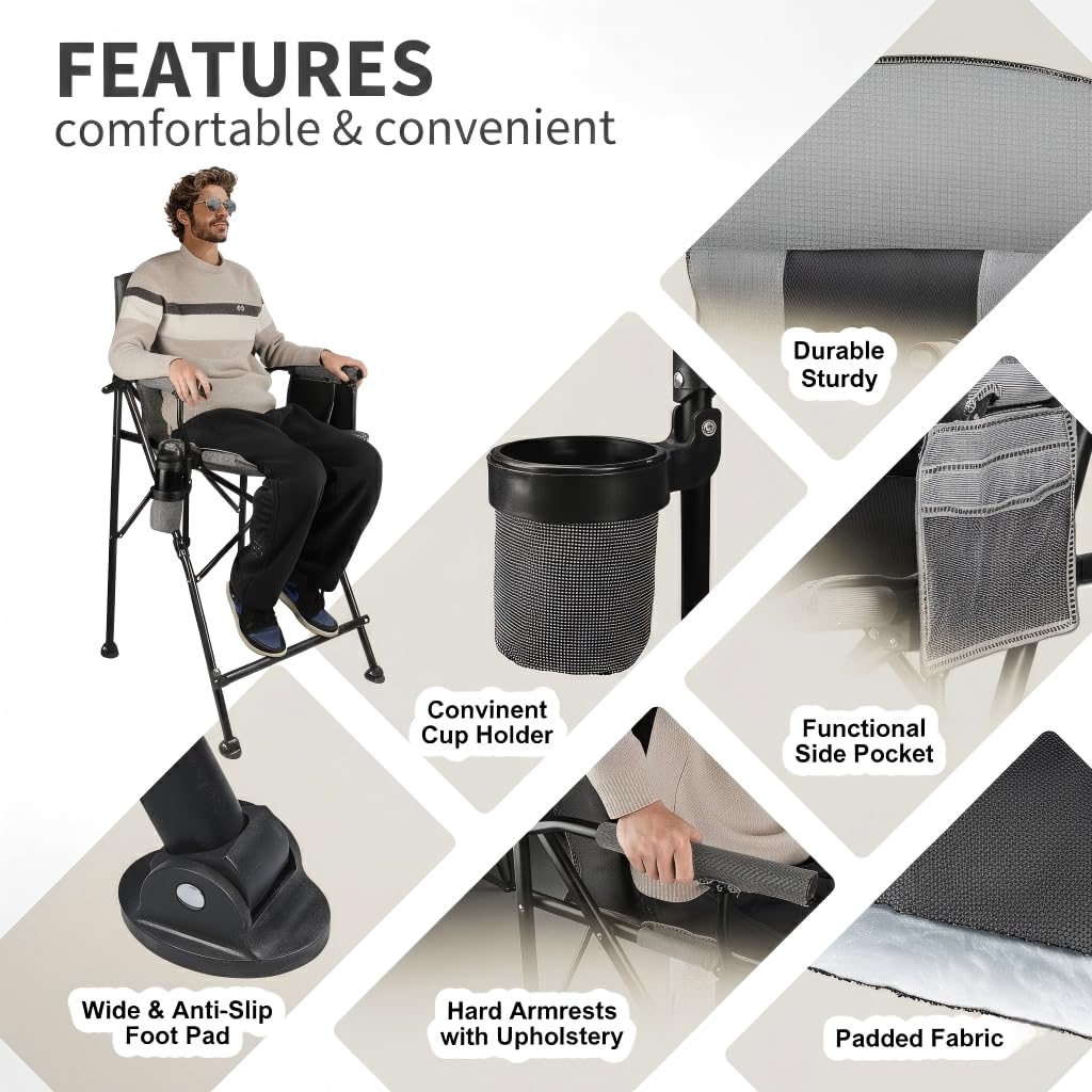 LANMONTAIN 2 Pack Tall Folding Camping Chairs,30.7'' Seat Height Portable Hard Arm Bar Chairs w/Cup Holder,Side Mesh Pocket and Footrest,Heavy Duty Support 350 Lbs Comfy Director Chairs,Black&Grey