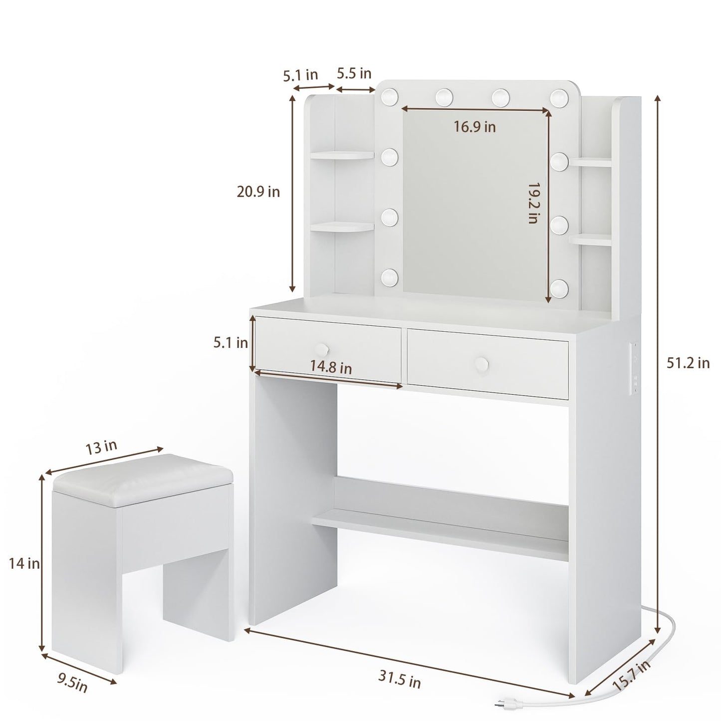 Haewon White Vanity Desk with Mirror and Lights, Makeup Vanity with 10 LED Bulbs and 3 Color Modes, Dressing Table Set with Power Outlets, Storage Drawers and Chair for Bedroom