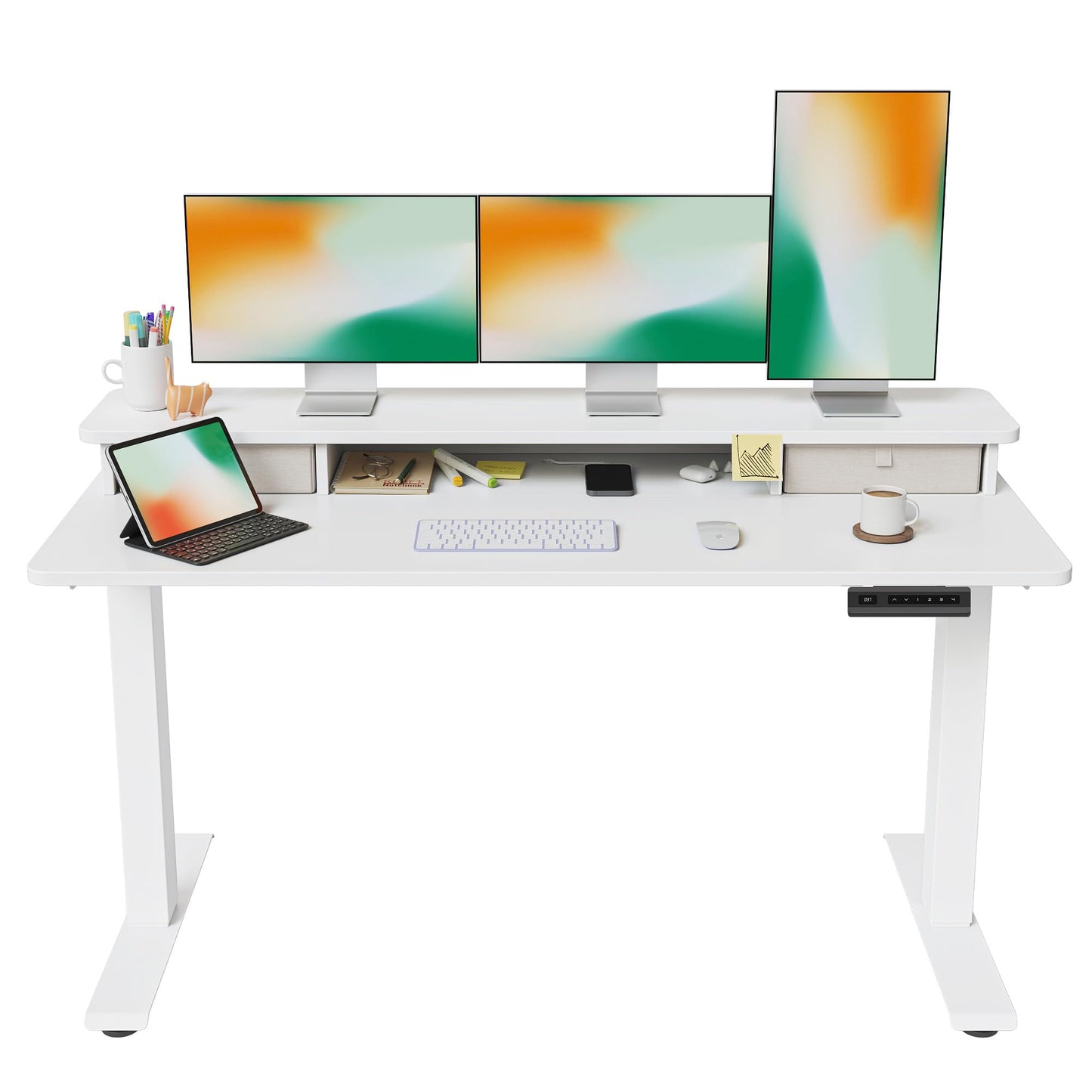 FEZIBO 63 x 28 Inch Deeper Height Adjustable Electric Standing Desk with Double Drawers, Sit Stand Up, Home Office Computer Desk with 4 Height-Adjustable Feets & 2 Hooks, White Frame/White Top